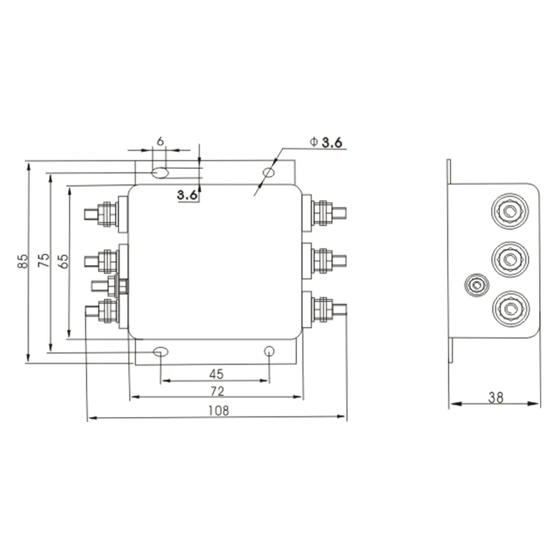 DAC1 3 phase industrial EMI filter size